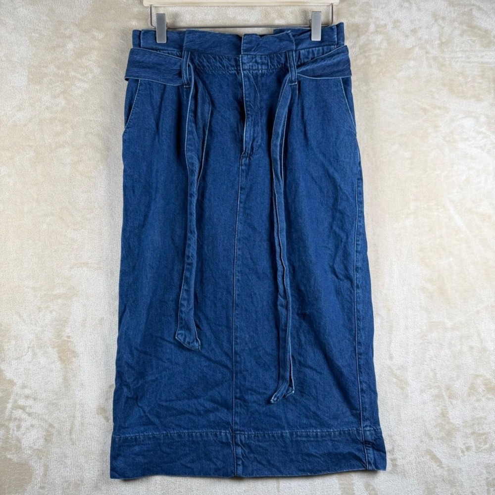 Boden Women Size 6 Blue Denim Paperbag Waist Midi Pencil Skirt Belt Timeless